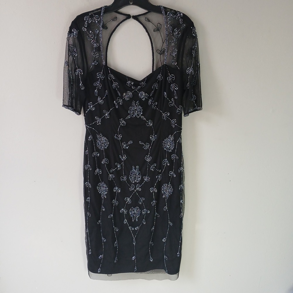 Papell Studio Women's‎ Size 6 Mesh-Sleeve Beaded Dress Black Knee Length Floral
